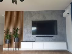 a flat screen tv mounted to the side of a wall next to potted plants