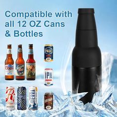 an image of bottles and cans in the water with text reading compatible with all 12oz cans & bottles