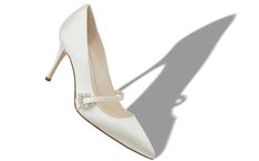 Designer White Satin Mary Jane Pumps - Image small_image Chic Wedding Heels With Buckle Closure, Elegant Heels With Buckle Closure, Manolo Blahnik White, Bridal Shoes Flats, Wedding Dress Shoes, Mary Jane Pumps, Evening Wedding, Mule Sandals, Scarf Gift