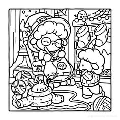 a black and white coloring page with an image of two children playing in the room