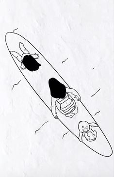 a black and white drawing of a person on a surfboard