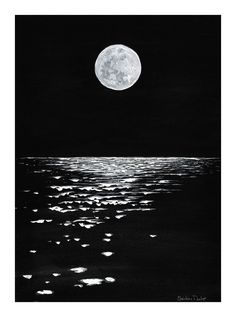 a full moon is seen over the ocean at night with dark skies and water reflecting on the surface