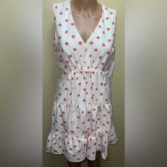 -Approximately 33.5” Length -Approximately 31.5” Bust -97% Polyester / 3%Spandex -Hand Wash Cold -Corrugated Fabric -Adjuster Strap At The Top Of The Front -V Neck -Sleeveless -It Has 2 Finely Woven Horizontal Lines Of Thread Polka Dot Knee-length Sleeveless Dress For Spring, Fitted Polka Dot Sleeveless Dress For Spring, Polka Dot Sundress For Spring, Spring Sleeveless Orange Knee-length Dress, Orange Sleeveless Knee-length Spring Dress, Orange Sleeveless Knee-length Dress For Spring, Orange Knee-length Sleeveless Dress For Spring, Fitted Polka Dot Sleeveless Sundress, Sleeveless Lined Orange Dress