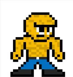 an image of a pixel art character in yellow and blue pants, with one hand on his hip