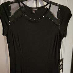 Black Silver Studded Stretchy T Shirt With Mesh Shoulders. This Brand Runs Big And The Shirt Is Very Stretchy. Cheap Fitted Rhinestone T-shirt, Black Stretch T-shirt For Party, Fitted Black T-shirt For Party, Studded Shirt, Navy Blue Top, Wine Shirts, Star Wars Women, Black Tie Dye, Tie Dye Shorts