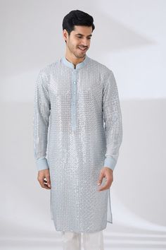 Grey georgette kurta with silver thread and sequin embroidery. Paired with a pant. - Aza Fashions Silver Traditional Wear With Resham Embroidery For Diwali, Diwali Silver Traditional Wear With Resham Embroidery, Silver Traditional Wear With Resham Embroidery For Festive Occasions, Silver Designer Traditional Wear For Eid, Designer Silver Traditional Wear For Eid, Festive Silver Traditional Wear With Resham Embroidery, Silver Embellished Sets For Eid, Embellished Silver Sets For Eid, Silver Kurta With Resham Embroidery For Diwali