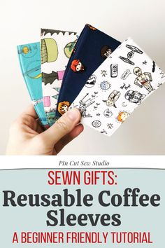 the sewing pattern for reusable coffee sleeves is shown in four different colors and sizes