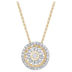 Make a brilliant statement with this sparkling diamond circle pendant. This pendant is crafted from 14-karat yellow gold and features 39 brilliant and baguette diamonds in prong & bezel setting, H-I color I-2 clarity and a high polish finish complete the brilliant sophistication of this head-turning pendant. The total diamond weight 0.25 carat and this Pendant suspends along with a cable chain. Jewellery Designing, Diamond Circle Pendant, Diamond Pendent, Necklace Indian, Baguette Diamonds, Circle Pendant Necklace, Sparkling Diamond, Circle Diamond, Baguette Diamond