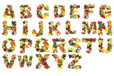 the letters are made up of fruits and vegetables