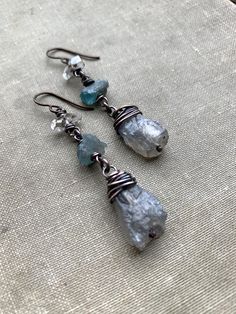 "Raw labradorite, Apatite and herkimer diamonds have been wrapped in antique copper and dangle 3\" from hypoallergenic niobium earwires. Handmade in NY" Bohemian Dangle Jewelry With Mineral Crystal, Bohemian Dangle Jewelry In Mineral Crystal, Bohemian Labradorite Earrings With Natural Stones, Earwires Handmade, Raw Labradorite, Healing Stones Jewelry, Earrings Antique, Wrapped Jewelry, Antique Earrings