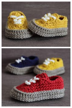 crocheted shoes with different colors and sizes are shown in three separate pictures, one is