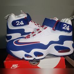 New In Box Air Griffey Max 1 Usa Colorway Size 6.5y Blue Lace-up Sneakers For Sports Events, Blue Low-top Custom Sneakers For Sports Events, Blue Cushioned Sneakers For Sports Events, Nike Blue Sneakers For Sports Events, Blue High-top Basketball Shoes, Blue Sneakers With Air Max Cushioning For Sports, Nike Air Griffey Max 1, Air Griffey Max 1, Toddler Nike Shoes