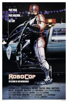 a movie poster for robocor the future of law enforcement, featuring a robot riding on a police car