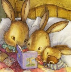 two rabbits are laying in bed reading a book to each other and one is holding a teddy bear