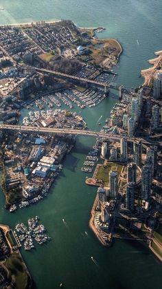 an aerial view of a city and harbor