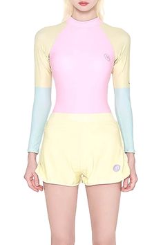 Pastel Yellow One Piece Swimsuit for Women Long Sleeve