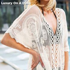 White Sheer Beachwear Cover-up, Bohemian Lace Beach Cover-up, Spring Festival Lace Cover-up, Bohemian Sheer V-neck Cover-up, Elegant Long Vacation Cover-up, Bohemian Lightweight Cover-up For Beach Party, Bohemian Lace Patchwork Summer Cover-up, Lace Beachwear Cover-up For Beach, Bohemian V-neck Cover-up