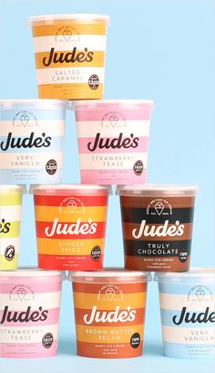 six ice creams in different flavors and flavors, all with the names judge's on them