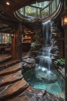 an indoor waterfall in the middle of a pool