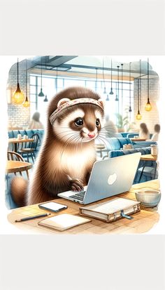 a ferret is sitting at a table with a laptop in front of it,