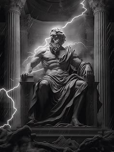 a black and white photo of a statue with lightning in the background