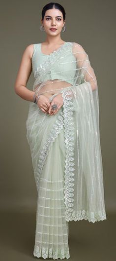 Green color Saree in Net fabric with Embroidered, Sequence, Thread work Pista Green Saree With Intricate Embroidery For Reception, Green Pre-draped Saree With Intricate Embroidery For Wedding, Pista Green Organza Saree For Wedding, Green Embroidered Fabric With Sheer Dupatta For Wedding, Green Embroidered Sheer Dupatta Fabric For Wedding, Pista Green Organza Pre-draped Saree For Wedding, Green Embroidered Sheer Dupatta For Wedding, Green Resham Embroidered Blouse Piece For Wedding, Green Resham Embroidery Blouse Piece For Wedding