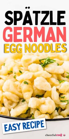 an egg noodle dish is shown with the words spatzle german on it