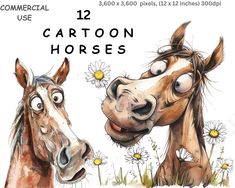 two cartoon horses are facing each other with eyes wide open and one horse has its nose to another horse's head