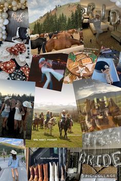 a collage of pictures with horses, people and balloons in the air above them