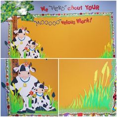 two pictures of cows in front of a yellow background with the words, we help about your