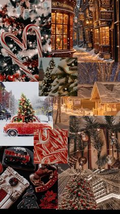 a collage of christmas images with candy canes and buildings in the background, including a red car