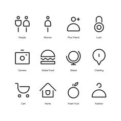 the different types of food and drink icons are shown in black on a white background