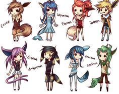 human version gijinka pokemon, eevee, vaporeon, flareon, jolteon, espeon, umbreon, glaceon, leafeon Evolution Pokemon, Eevee Wallpaper, Easy Cosplay Ideas, Pokemon Human Form, Gijinka Pokemon, Pokemon Eevee Evolutions, Easy Cosplay, Pokemon People, Pokemon Gijinka