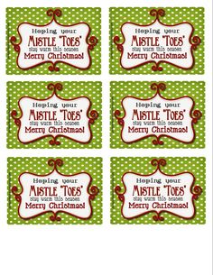 four christmas gift tags with red and green polka dots on the bottom, one for merry christmas