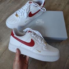 Red Gold Swoosh Custom Air Force 1s-shecustomize Air Force Shoes, Nike Shoes Air Force, Nike Air Shoes, Fresh Shoes, Hype Shoes, Aesthetic Shoes, Cheap Nikes, Custom Nikes, White Nike