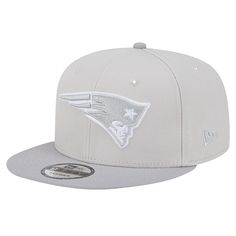 the new england football team's official grey and white fitted - back hat, which features