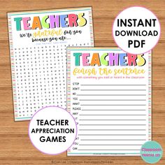 two printable teacher appreciation games with the words teachers, and an image of them