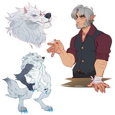 an older man with grey hair and glasses next to two white wolf like animals, one pointing at the viewer