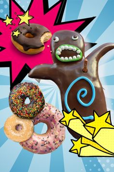 there are donuts with different designs on them and one has an angry dog in the middle