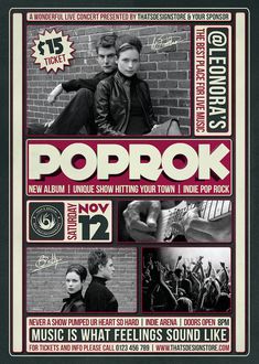 the poster for pop rock is shown in black and white