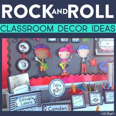 rock and roll classroom decor ideas on display in front of a bulletin board with the words rock and roll