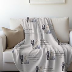 a couch with a blanket on top of it next to a white chair and framed photograph