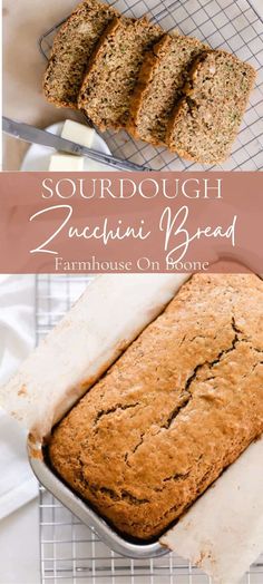 a loaf of zucchini bread sitting on top of a cooling rack next to another loaf