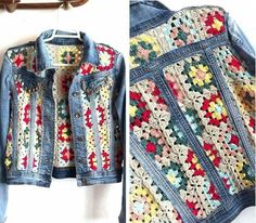 an old jean jacket with crocheted flowers on it