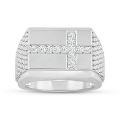 This men's ring features a fine silver-plated band adorned with a cross design, embellished with round-cut, sparkling white cubic zirconia. The textured sides add a sophisticated touch, enhancing the ring's overall elegance. Ideal for adding a subtle yet striking accent to any outfit, this ring combines classic religious symbolism with contemporary style, making it a perfect gift or personal accessory for those who appreciate refined craftsmanship. Size: one size.  Gender: male.  Age Group: adult. Classic Silver Cross-shaped Rings, Classic Silver Cross Rings, Classic White Gold Cross Rings, Cross Ring With Diamond Accents For Promise, Diamond Accented Cross Promise Ring, Cross-shaped Promise Ring With Diamond Accents, Cross Shaped Promise Ring With Diamond Accents, White Gold Cross Ring For Formal Occasions, Anniversary White Gold Cross Rings