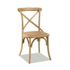 a wooden chair with a cross back and wicker seat, on a white background