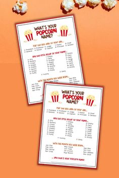 two popcorn coupons sitting on top of an orange table with the words what's your popcorn named?