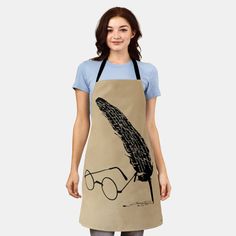 a woman wearing an apron with glasses on it