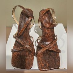 Women's Snake Brown 4' Heel Faux Leather Strappy Square Toe Brown Leather Heels With Snake Print, Brown Leather Snake Print Heels, Brown Strappy Synthetic Heels, Brown Faux Leather Heels For Evening, Brown Faux Leather Heels With Heel Strap, Brown Synthetic Heels For Night Out, Shein Shoes, Shoes Women Heels, Shoes Heels