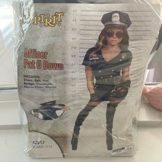 a plastic bag with an image of a police woman on it's front and side